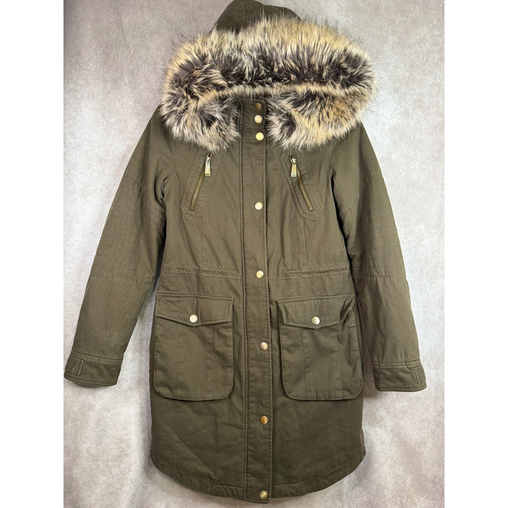 BCBGeneration Parka Jacket Women XS Army Green Faux Fur Hood Sherpa Utility Coat